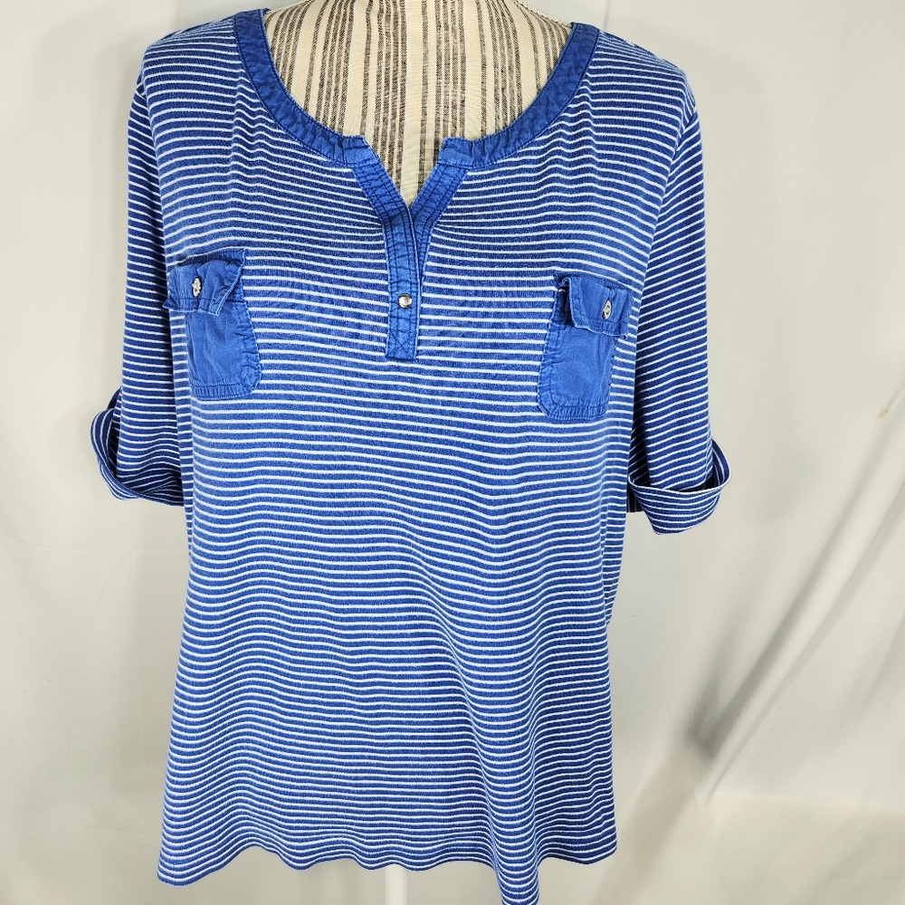 Karen Scott Blue & White Striped Cuffed Short Sleeve Top w/Pockets Plus Size 2X